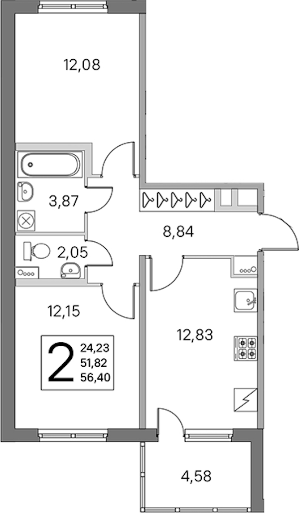 2-комнатная квартира 51.82 м², 2/5 эт., ЖК «ЮгТаун. Олимпийские кварталы»